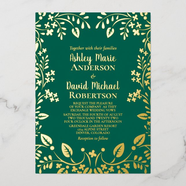 Emerald Green Real Gold Foil Floral Wedding Foil Invitation (Front)