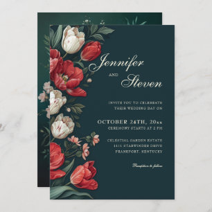 Emerald Green & Red Tulip Botanical Wedding Invitation