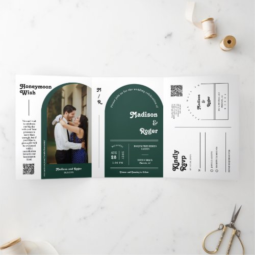 Emerald Green Retro Arch Photo QR Code Wedding Tri_Fold Invitation