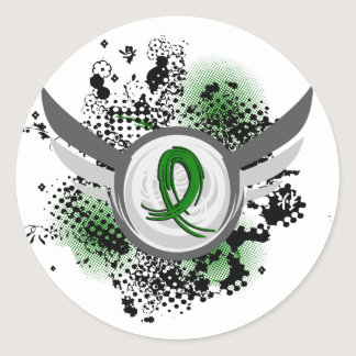 Emerald Green Ribbon And Wings Liver Cancer Classic Round Sticker
