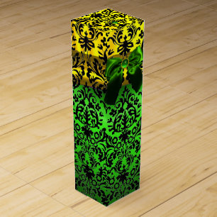 EMERALD GREEN RIBBON,BLACK GOLD ART NOUVEAU DAMASK WINE GIFT BOX