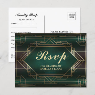 Emerald Green Roaring 20s Wedding RSVP Postcard