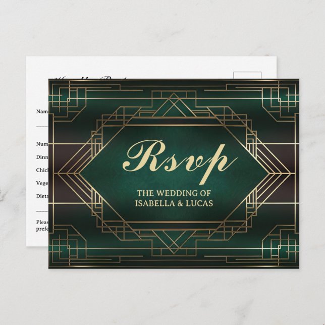 Emerald Green Roaring 20s Wedding RSVP Postcard (Front/Back)