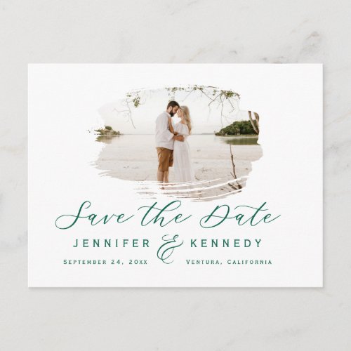 Emerald Green Romantic Brushed Photo Save The Date Postcard