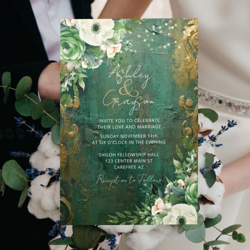 Emerald Green Romantic Floral Wedding Invitation