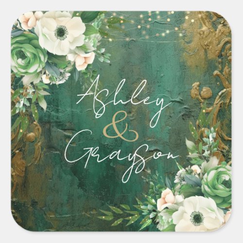 Emerald Green Romantic Floral Wedding Sticker
