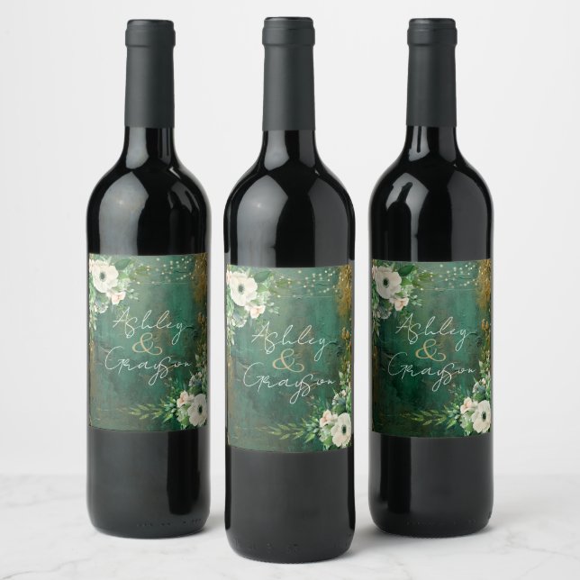 Emerald Green Romantic Floral Wedding Wine Label (Bottles)