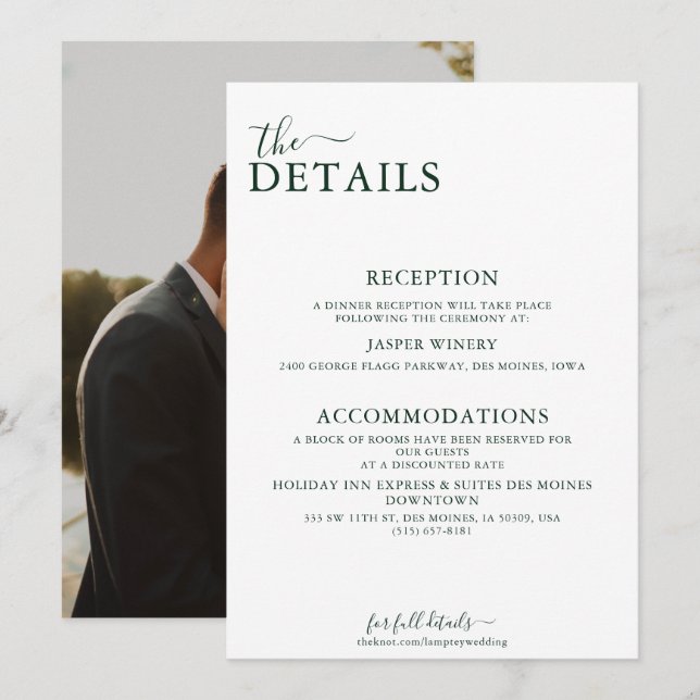 Emerald Green Romantic Photo Back Wedding Details Invitation (Front/Back)