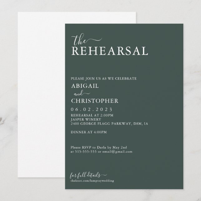 Emerald Green Romantic Wedding Rehearsal Dinner Invitation (Front/Back)