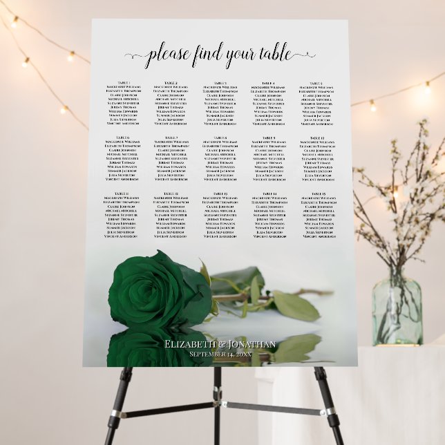 Emerald Green Rose 15 Table Wedding Seating Chart Foam Board (In Situ (Stand))