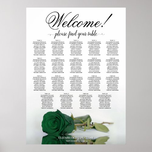 Emerald Green Rose 19 Table Wedding Seating Chart