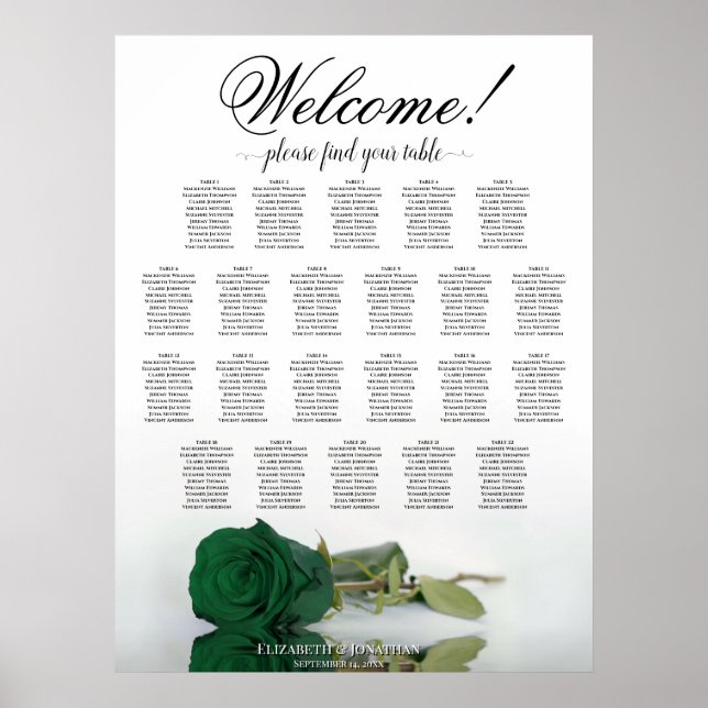 Emerald Green Rose 22 Table Wedding Seating Chart (Front)