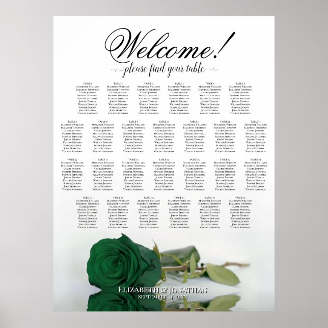 Emerald Green Rose 26 Table Wedding Seating Chart (Front)