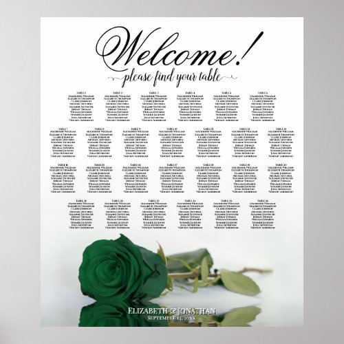 Emerald Green Rose 26 Table Wedding Seating Chart
