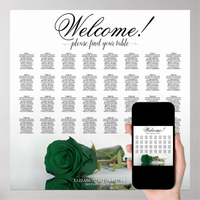 Emerald Green Rose 32 Table Wedding Seating Chart Zazzle