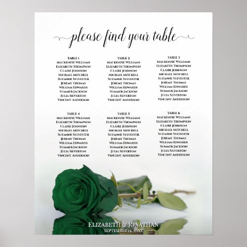 Emerald Green Rose 6 Table Wedding Seating Chart