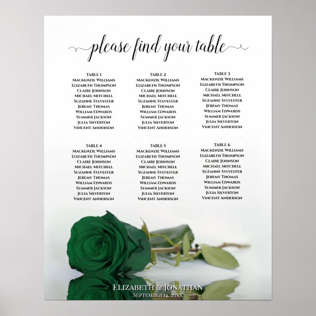 Emerald Green Rose 6 Table Wedding Seating Chart (Front)