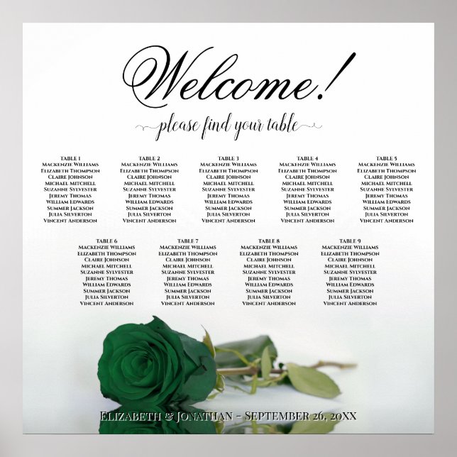Emerald Green Rose 9 Table Wedding Seating Chart (Front)
