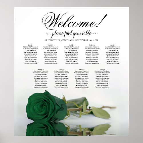 Emerald Green Rose 9 Table Wedding Seating Chart