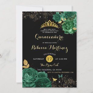 Emerald Green Rose and Black Mis 15 Años Invitation