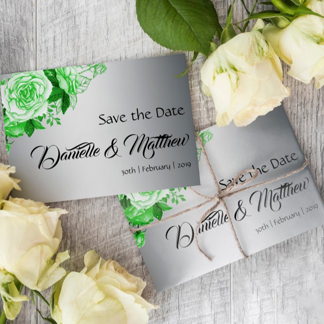 Emerald Green Rose Bouquet on Silver Wedding Announcement Postcard (Creator Uploaded)