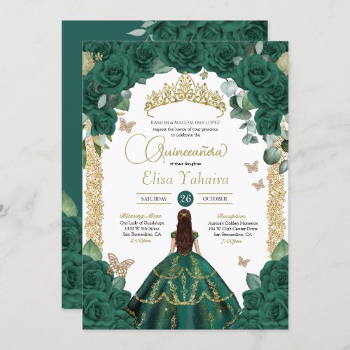 Emerald Green Rose Butterfly Princess Quinceanera Invitation