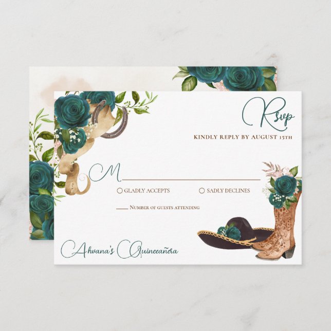 Emerald Green Rose Charro Western Quinceanera RSVP Card (Front/Back)
