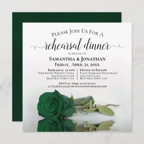Emerald Green Rose Chic Wedding Rehearsal Dinner Invitation