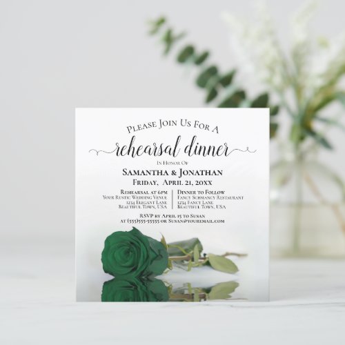 Emerald Green Rose Chic Wedding Rehearsal Dinner Invitation