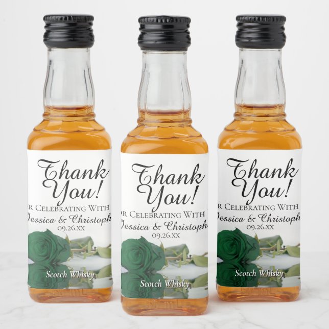 Emerald Green Rose Classy Wedding Thank You Mini Liquor Bottle Label (Bottles)