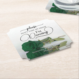 Emerald Green Rose Don't Take My Drink Wedding Paper Coaster