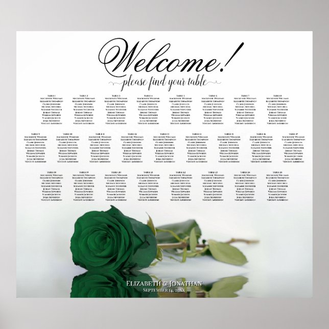 Emerald Green Rose Elegant 25 Table Seating Chart (Front)
