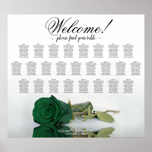 Emerald Green Rose Elegant 25 Table Seating Chart