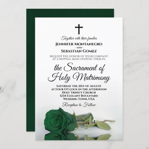Emerald Green Rose Elegant Modern Catholic Wedding Invitation