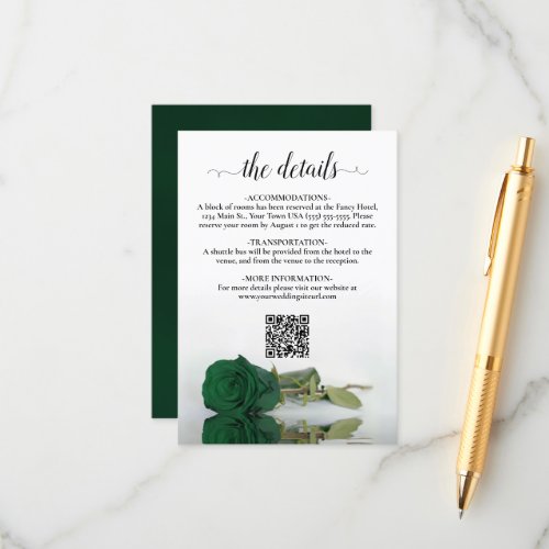Emerald Green Rose Elegant Wedding Details QR Code Enclosure Card