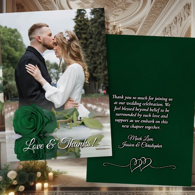 Emerald Green Rose Elegant Wedding Photo Overlay Thank You Card (Front/Back)