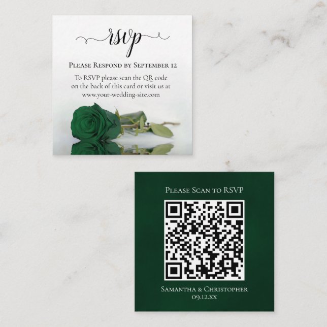 Emerald Green Rose Elegant Wedding RSVP QR Code Enclosure Card (Front/Back)