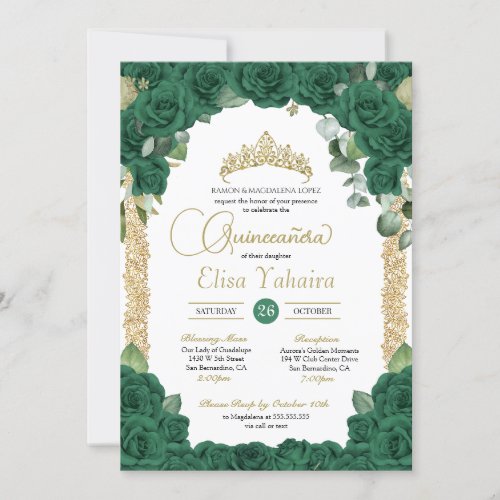 Emerald Green Rose Floral and Gold Quinceanera Invitation