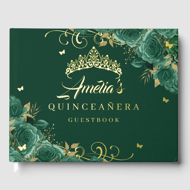 Emerald Green Rose Floral Swirl Quinceanera Gold   Foil Guest Book (Front)
