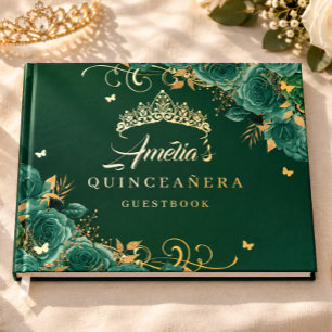 Emerald Green Rose Floral Swirl Quinceanera Gold Foil Guest Book