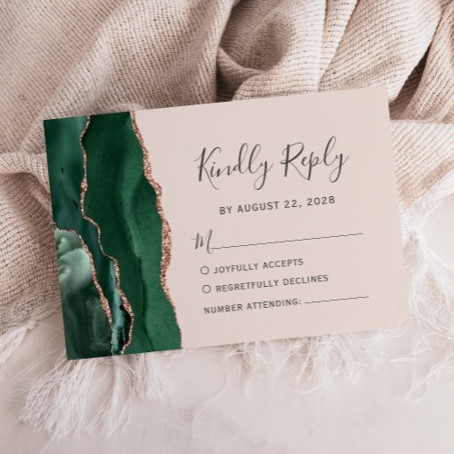 Emerald Green Rose Gold Agate Blush Pink Wedding RSVP Card