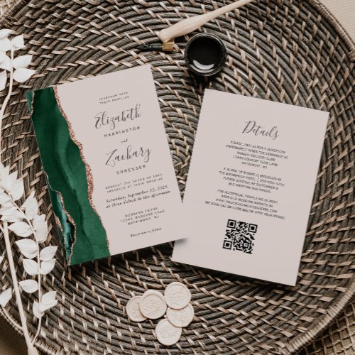 Emerald Green Rose Gold Agate Blush QR Wedding Invitation