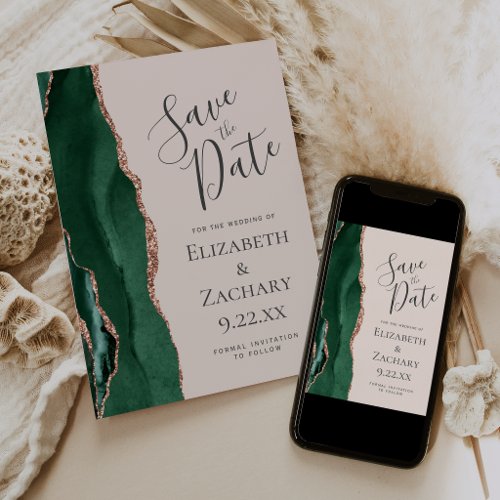 Emerald Green Rose Gold Agate Blush Save the Date