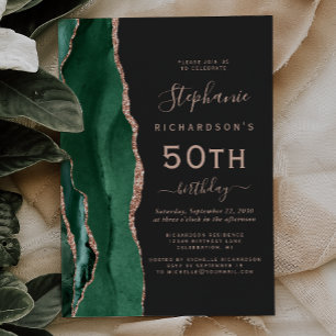 Emerald Green Rose Gold Agate Dark 50th Birthday Invitation