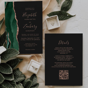Emerald Green Rose Gold Agate Dark QR Code Wedding Invitation