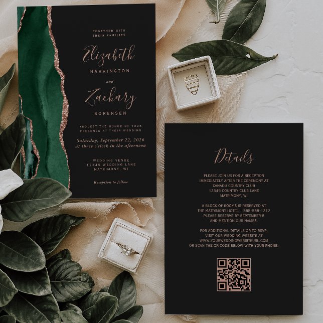 Emerald Green Rose Gold Agate Dark QR Code Wedding Invitation (Creator Uploaded)
