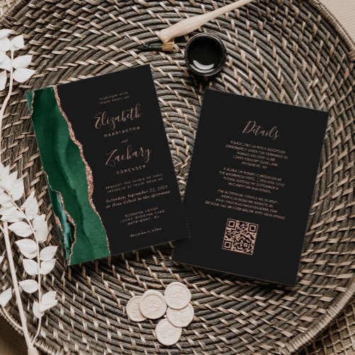 Emerald Green Rose Gold Agate Dark QR Code Wedding Invitation