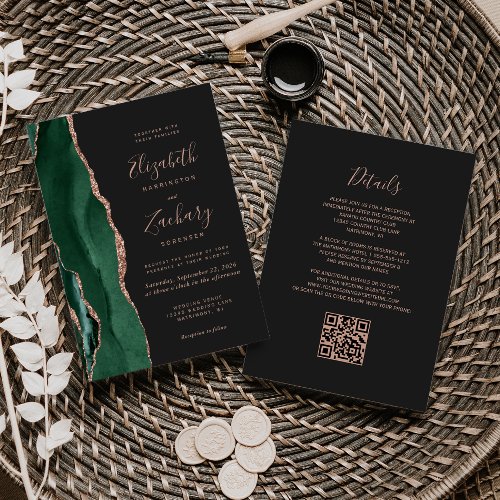 Emerald Green Rose Gold Agate Dark QR Code Wedding Invitation