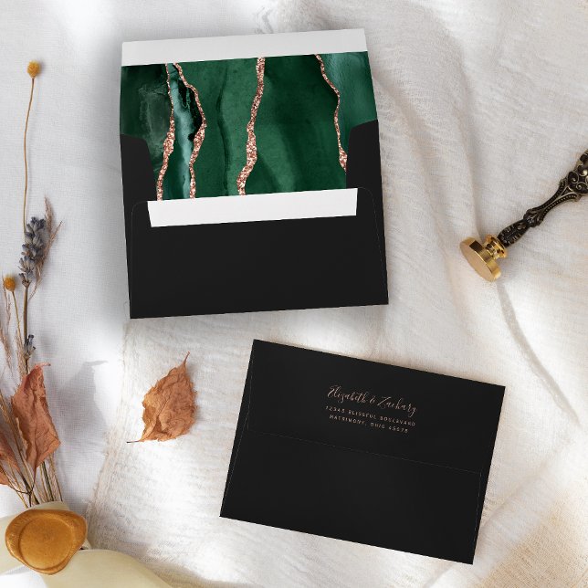Emerald Green Rose Gold Agate Dark Wedding Envelope (Creator Uploaded)