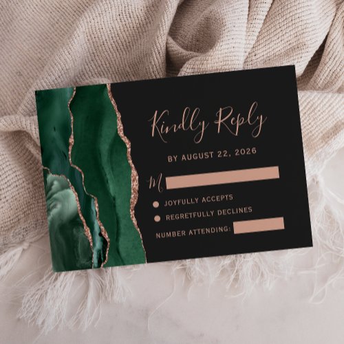 Emerald Green Rose Gold Agate Dark Wedding RSVP